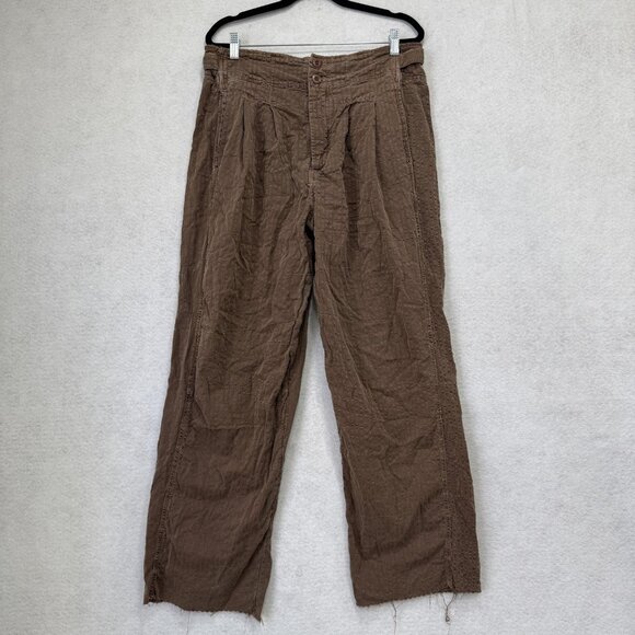 Free People Pants Womens 4 Brown Linen Button Fly Ruffle Pockets Boho OB522266 - Picture 1 of 14